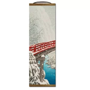 Peinture Japonaise Verticale Petit Pont Rouge dans la Neige 3 Tailles