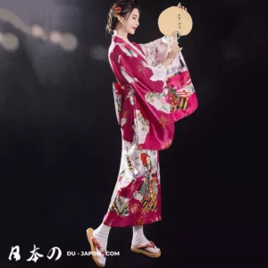 Femme en kimono rose traditionnel avec éventail et geta, élégance japonaise.