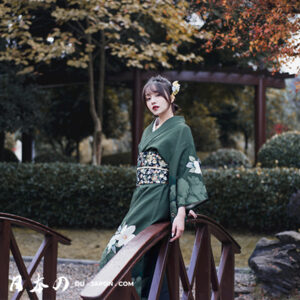 Femme en kimono vert dans un jardin dautomne, sur un pont en bois serein.