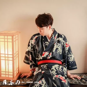 Jeune homme en kimono traditionnel japonais, dans un décor serein et apaisant.