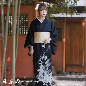 Chic Robe Kimono Femme Japonais Noir avec Fleurs & Papillons en 2 Tailles