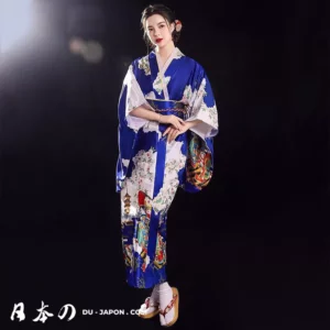 Jolie Robe Kimono Femme Ensemble Obi Bleue en Satin 3 Pièces