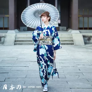 Élégant Kimono Japonais Femme Traditionnel Satin Bleu Pivoine en 2 Tailles