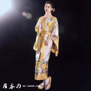 Ensemble Kimonos Japonais Femme Jaune Design Noble Robe Obi 3 Pièces