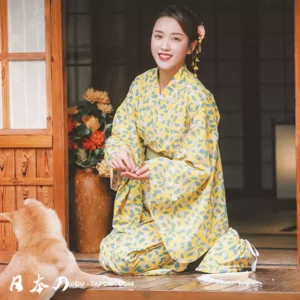 Femme en kimono jaune avec chat dans une maison japonaise traditionnelle.