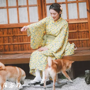 Femme en kimono jaune traditionnel avec chiens Shiba Inu dans un cadre japonais paisible.