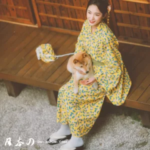 Femme en kimono jaune avec chiot Shiba Inu, moment de douceur et de tradition.