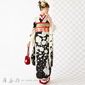 Femme en kimono noir élégant avec fleurs blanches et obi rouge traditionnel.