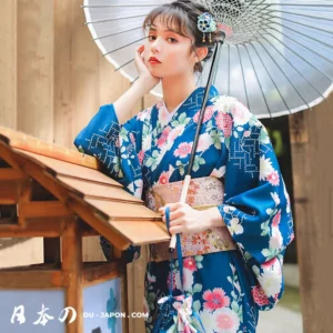 Femme élégante en kimono bleu avec parasol, reflet de la culture japonaise.