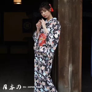 Élégant Kimono Yukata Femme Japonais Motif Komon à Sakura en 2 Tailles