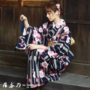 Magnifique Yukata Robe Kimono Japonais Femme Bleu & Rose Orné de Prune en 2 Tailles