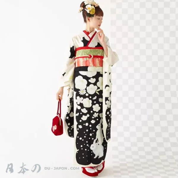 Ensemble Kimono Femme Yukata Orné de Prune Sakura & Lapin aux 2 Pièces