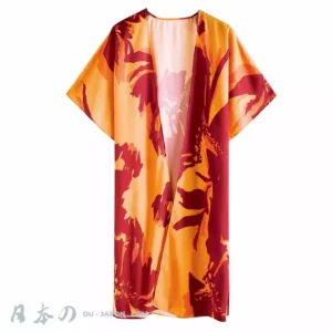 Kimono floral orange et rouge, élégant et moderne, parfait pour toutes les occasions.