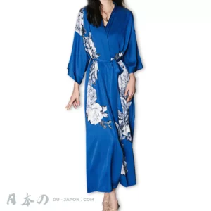 Robe Kimono de Plage Longue Femme Polyvalente Satin Bleu Motif de Roses Ensemble de 2 Pièces