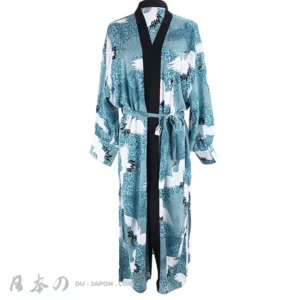 Robe kimono en teal avec motifs de grues blanches, alliant élégance et confort japonais.