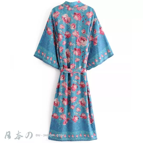 Jolie Robe Kimono de Plage Polyvalente Bleu avec Motif de Roses Ensemble aux 2 Pièces