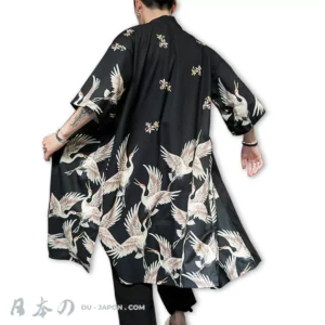 Beau Kimono Homme de Plage Moderne Noir avec Motif de Grues en 3 Tailles