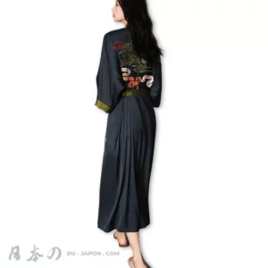 Élégant Kimono de Plage Robe Longue Femme Satin avec Ceinture Beauté Mystérieuse de l’Orient Ensemble de 2 Pièces