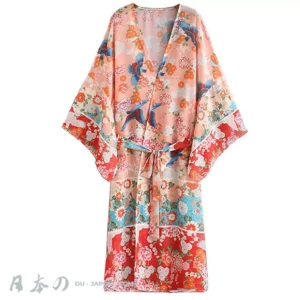 Kimono Plage Femme Raffiné avec Ceinture Charme des Fleurs Ensemble en 6 Tailles