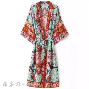 Robe kimono mint verte aux motifs floraux, élégante et confortable pour toutes occasions.