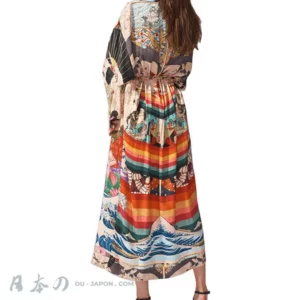 Kimono plage long aux motifs japonais, élégant et coloré pour un style unique.